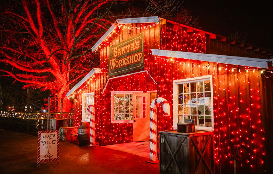 Shepherd of the Hills is lit up at Christmas.