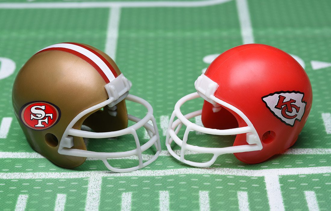 San Fransisco 49ers and Kansas City Chiefs football helmets