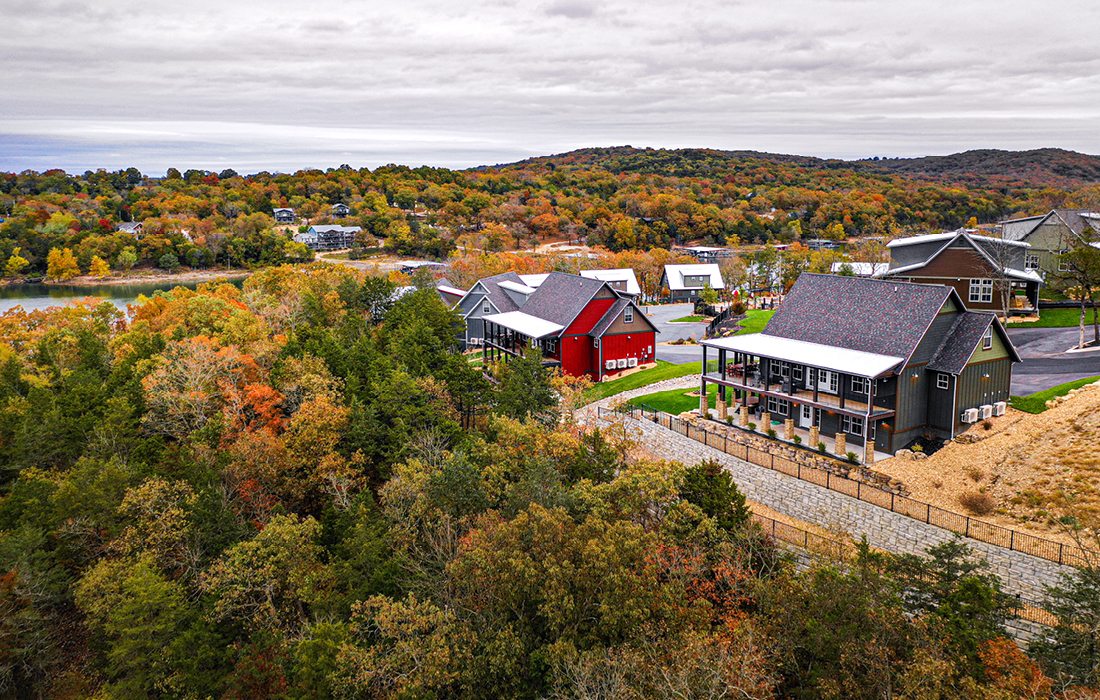 Aerial picture of lodgings at Table Rock Shore Resort Bluff Cabins, Missouri