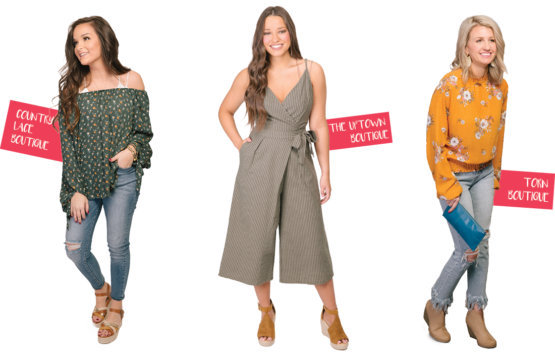 Styles by Country Lace Boutique, The Uptown Boutique and Torn Boutique