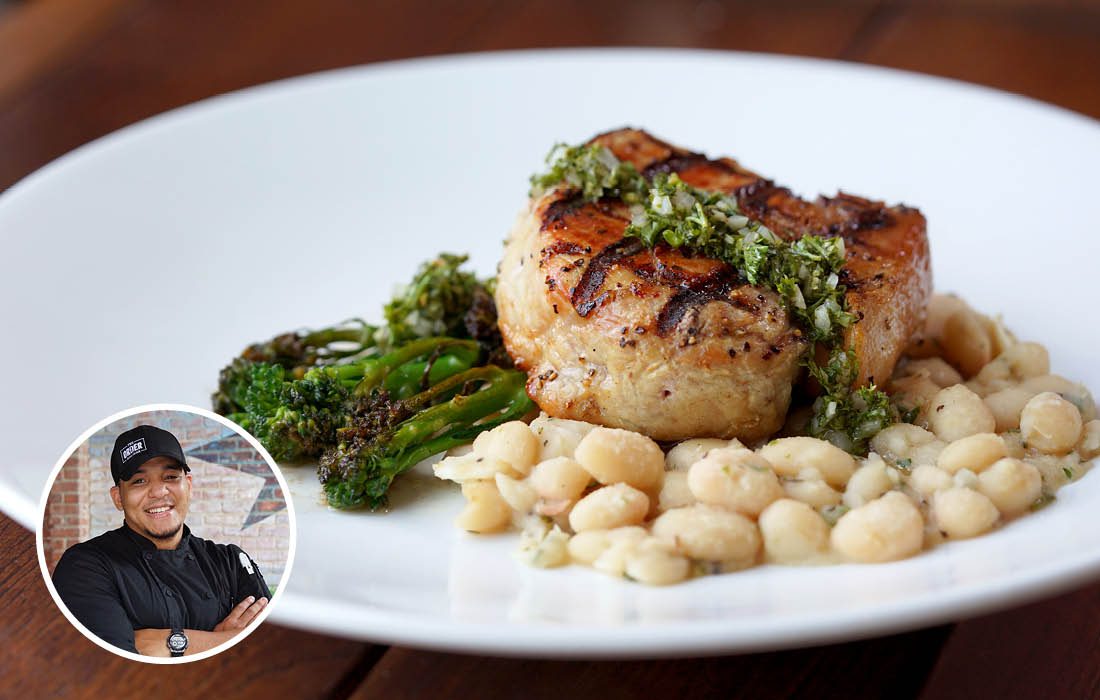 Grilled pork loin with herb mojo, white beans and broccolini from The Order in Hotel Vandivort in Springfield MO