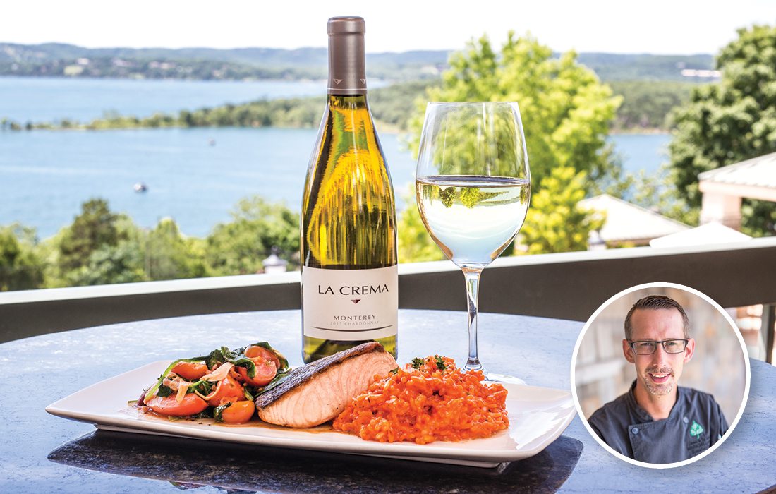 Pan Seared Faroe Island Salmon, Red Pepper & Asiago Risotto, Blistered Tomatoes, Wilted Spinach, Bacon & Herb Butter at Chateau on the Lake in Branson