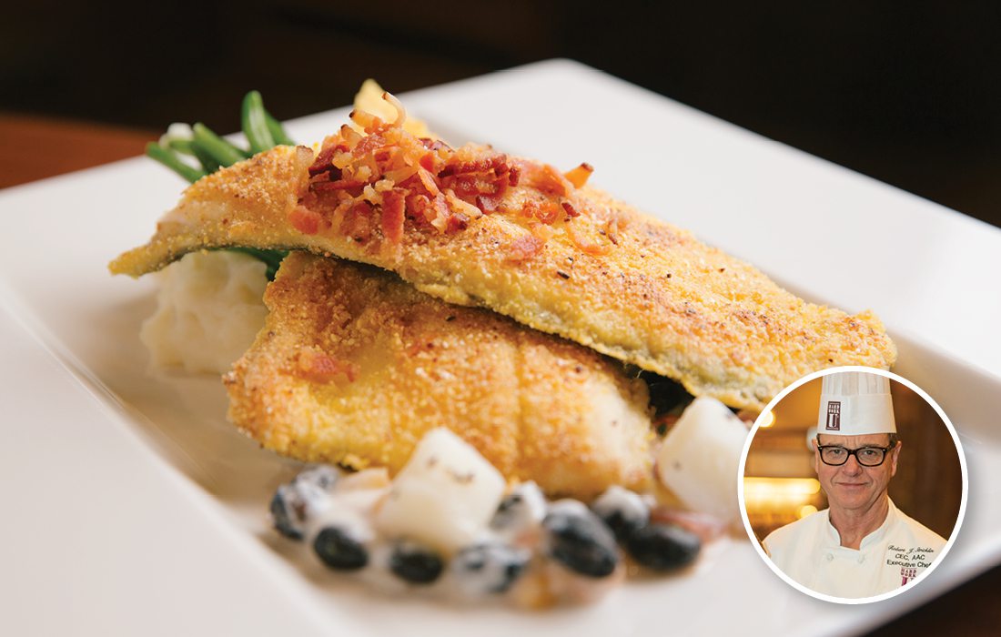 Local Ozark Trout Pan-Seared with Edward's Mill Cornmeal Crust, Served with Corn, Black Bean, and Bacon Chowder at The Keeter Center