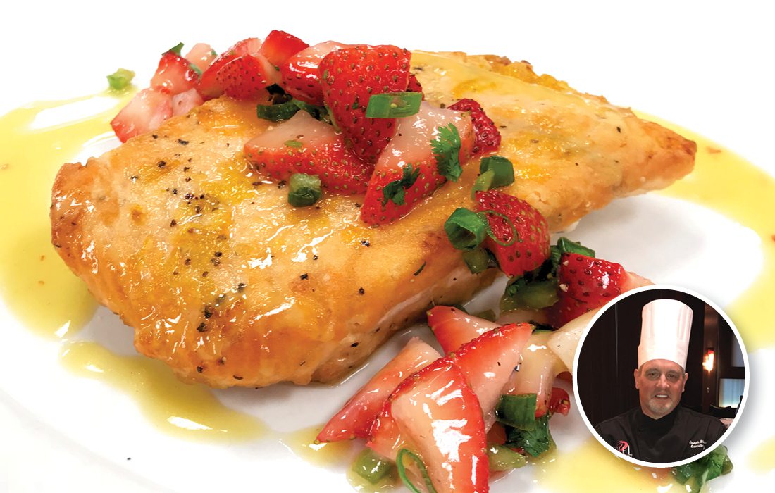 Orange and Ginger Glazed Salmon, Strawberry Pico and Grilled Citrus Vinaigrette from Level II Steakhouse in Branson