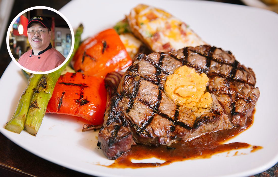 12 oz Soy Lime Marinated Ribeye, Grilled Bakers & Veggies from Leong's Asian Diner