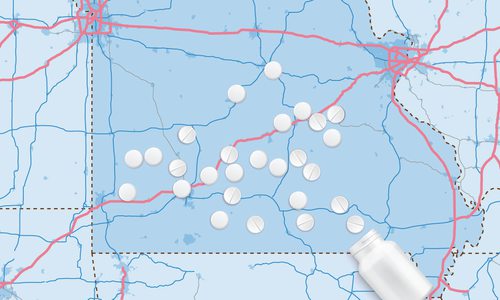 Illustration of a Missouri map with a bottle of spilled pills
