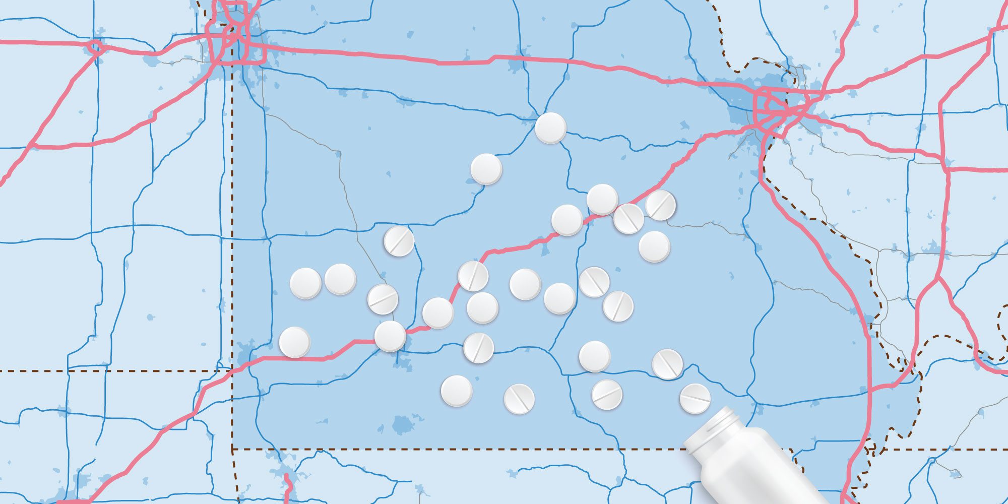 Illustration of a Missouri map with a bottle of spilled pills