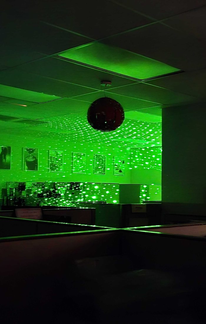 Laser grid set up in the office to detect movement.