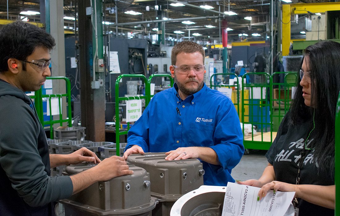 Mechanical Engineer Manoj Rangasamy, Line of Product Leader Mark McSorley and Scheduler Tamara Coday discuss the details of a customer’s request on a Tuthill transport blower.