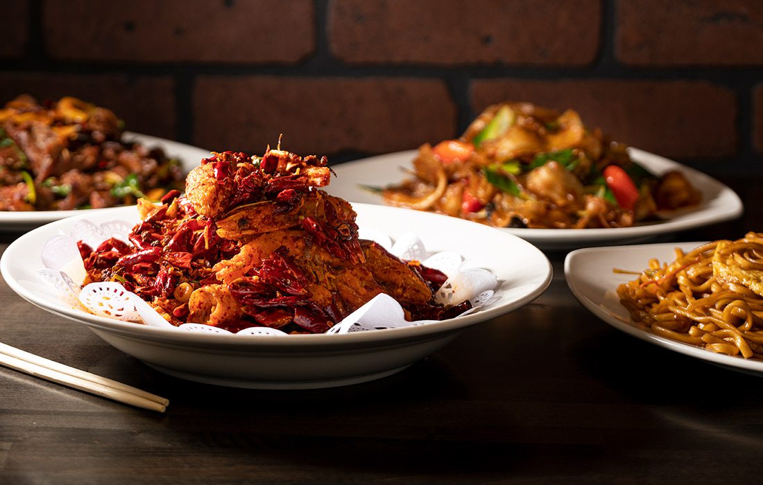 Szechuan Shrimp,  Cumin Lamb with cilantro, Fried Pumpkin with Egg Sauce, House Stir Fry Noodles and Twice Cooked Pork