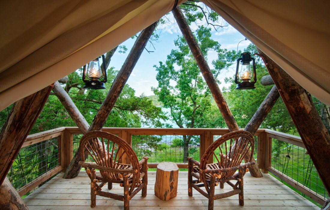 The glamping tents have a beautiful view overlooking the lake.