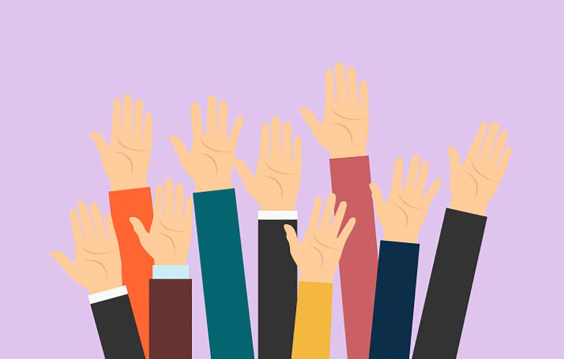 Illustration of raised hands on colorful background.