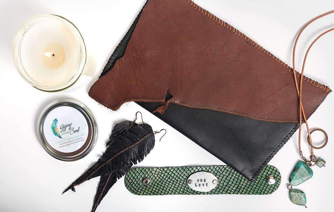 leather goods and candle