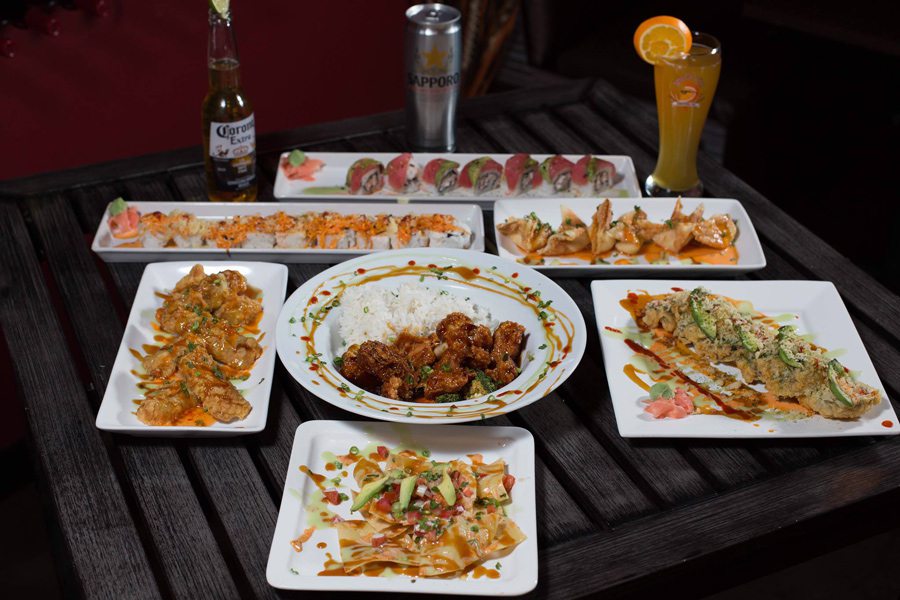 Asian food, sushi, crab rangoons and entrees.