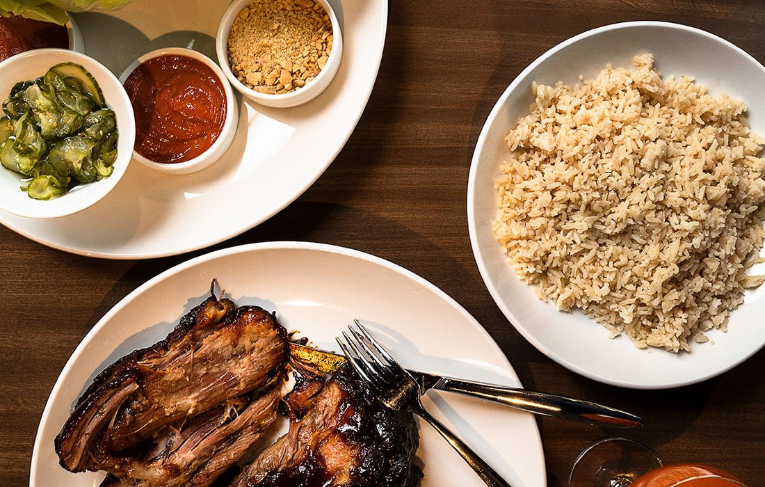 roasted pork shoulder, rice and ginger scallion sauce