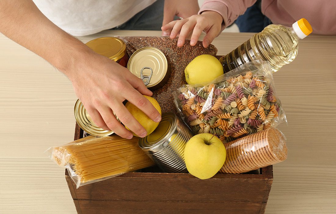 Care package filled with food stock image