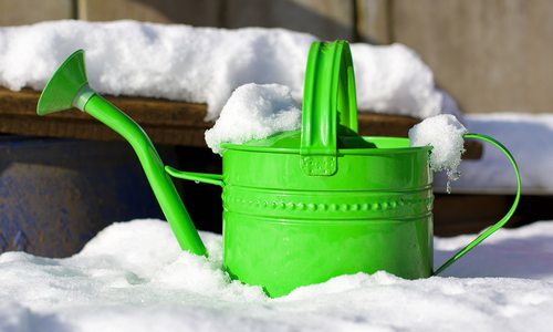 Green watering can sitting out in the snow stock image