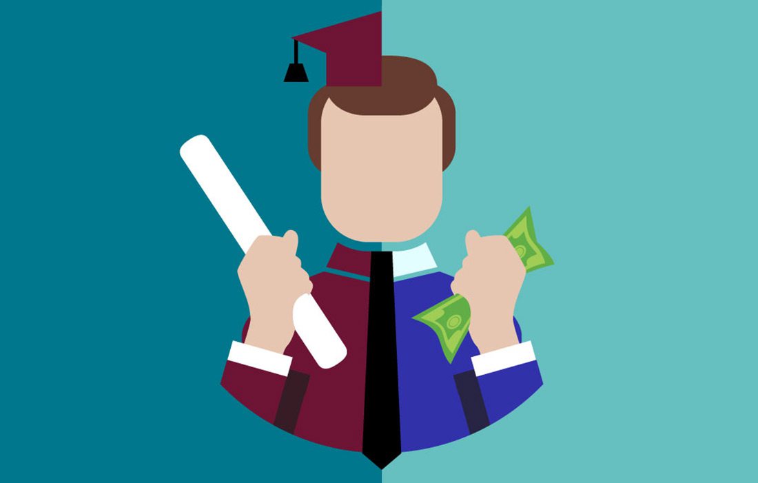 student with cap and gown and money illustration